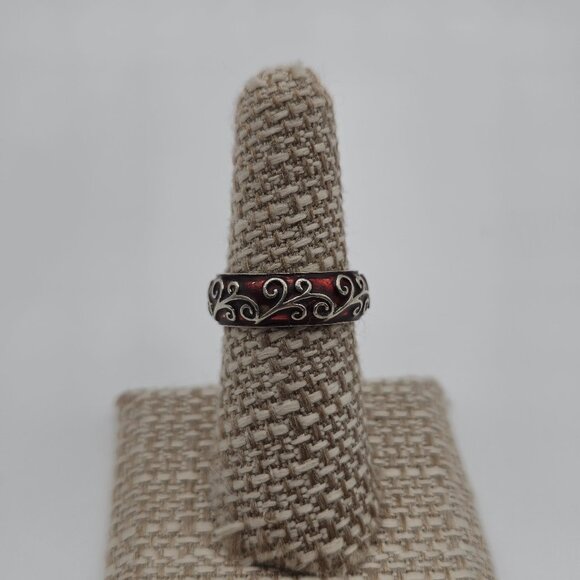 Size 7 Sterling Silver Red Enamel Floral Vine Style Ring A2614 - Picture 1 of 7
